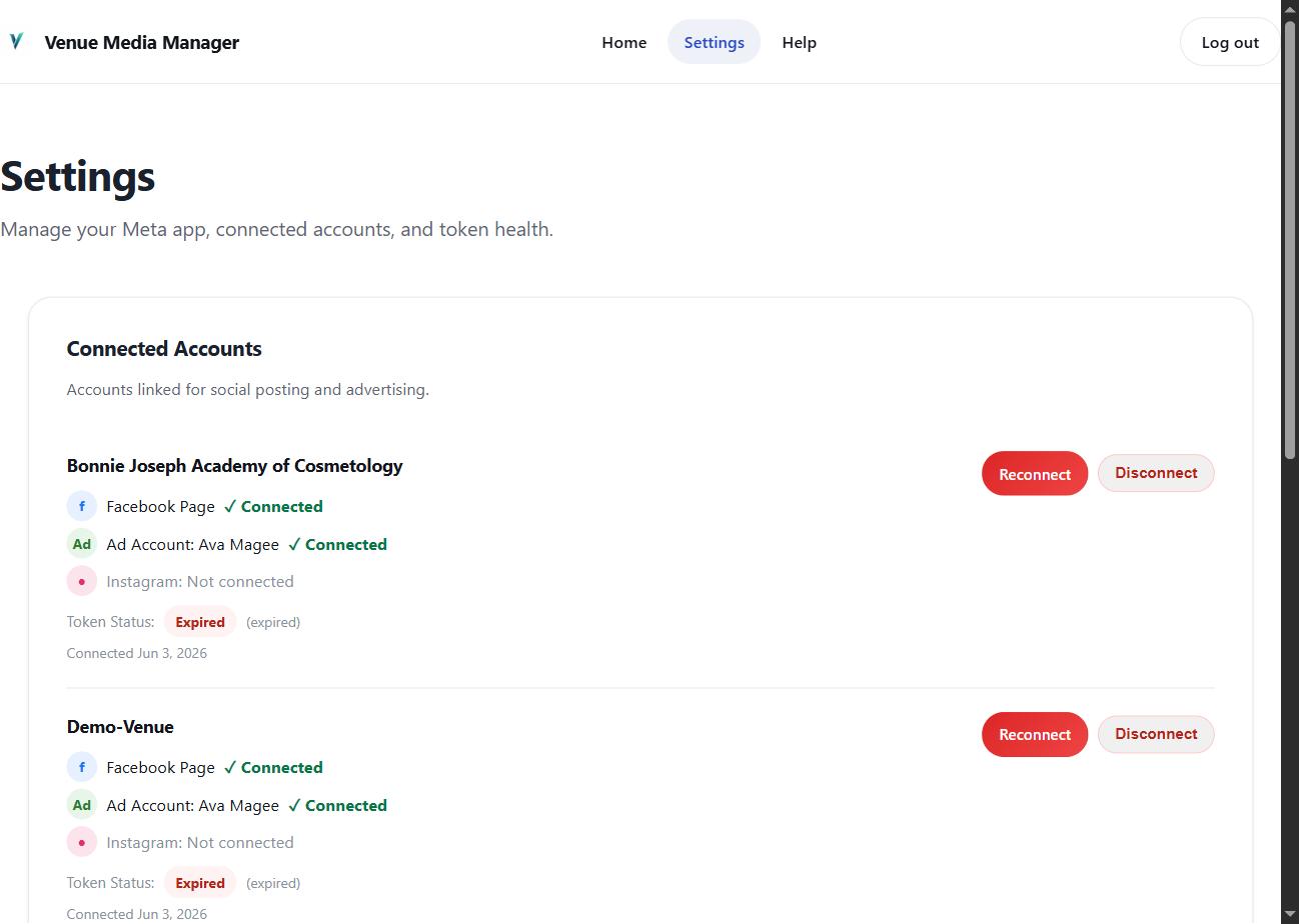 Settings page showing connected Meta accounts